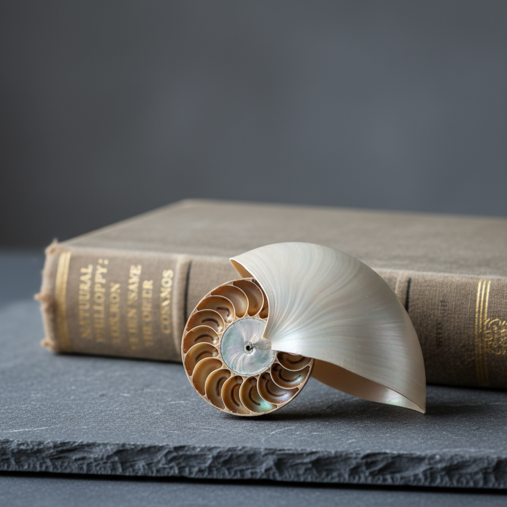 A macro, photographic-realistic close-up of a luminous nautilus shell cross-section resting on a slate-gray stone slab. Its pearlescent interior reveals a perfect logarithmic spiral of chambers, each rim catching a faint iridescent glow. Behind it, out of focus, lies a well-worn, cloth-bound book titled in subtle gold foil, hinting at natural philosophy. Cool, diffused daylight from above and slightly behind creates delicate highlights along the shell’s curve and soft shadows in each chamber, emphasizing its mathematical precision. The composition uses the rule of thirds, with the spiral pulling the eye inward. The mood is serene and analytical, inviting quiet reflection on order within nature, against a minimalist, uncluttered backdrop.