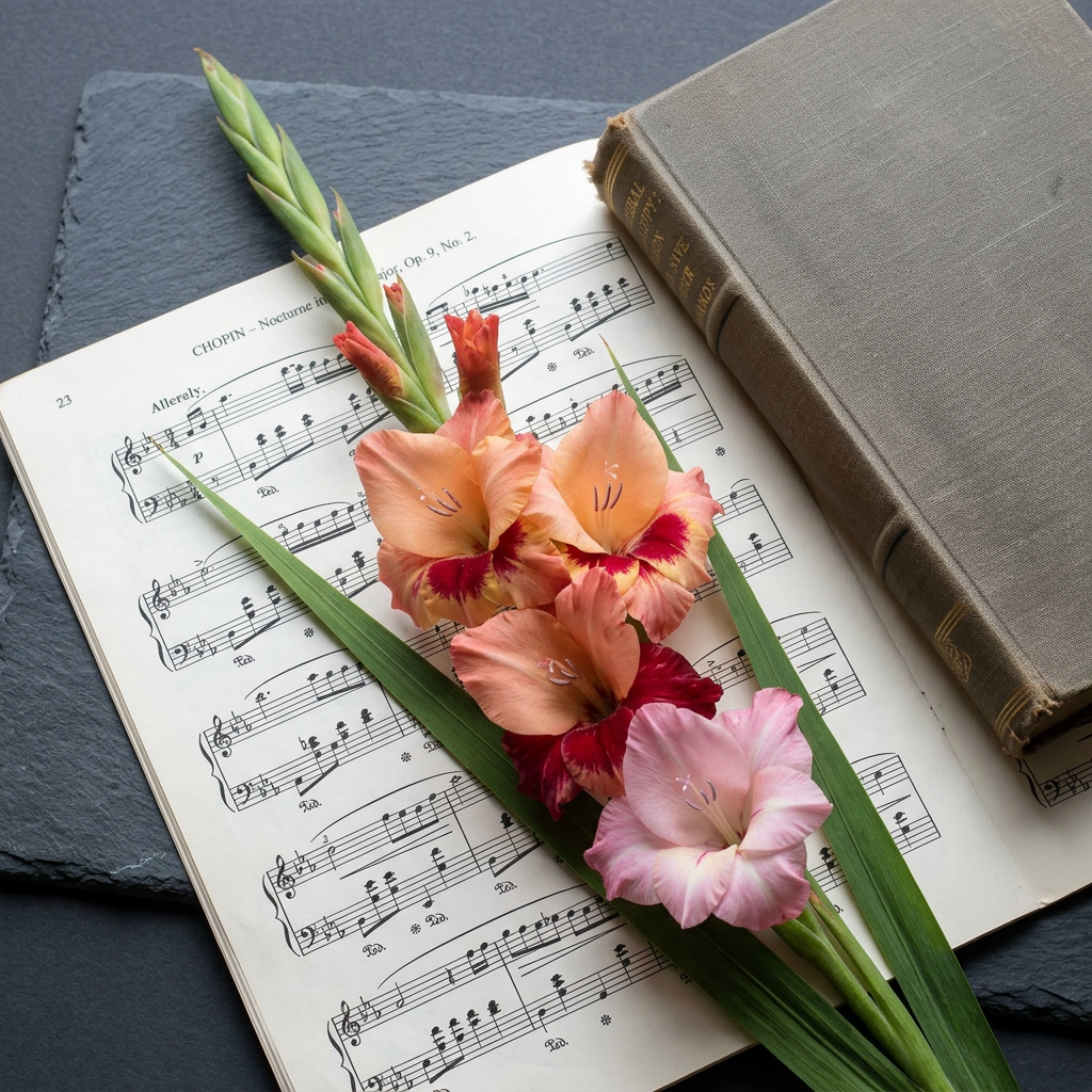 Violin with sheet music and lily Gladiolus flowers on Chopin Nocturne sheet music beside a hardcover book