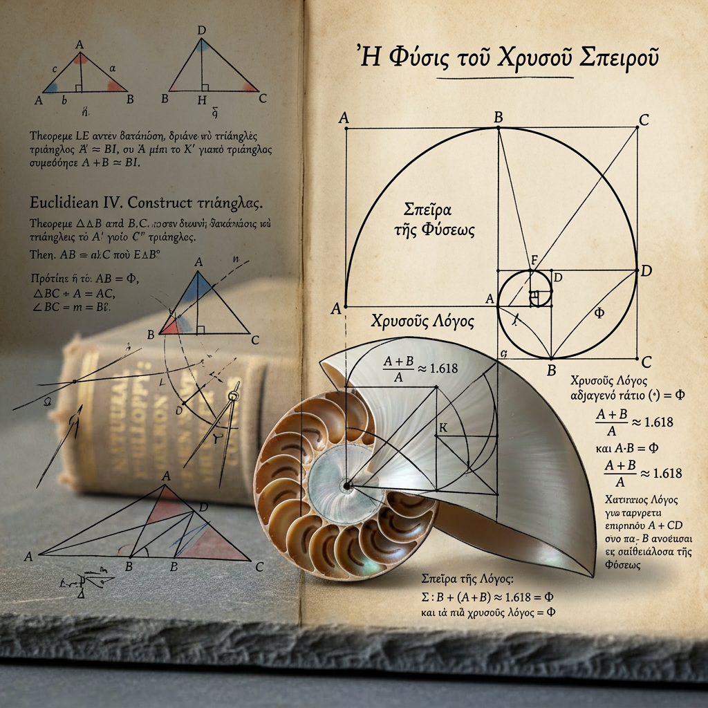 Golden ratio and mathematical geometry Geometric diagrams and formulas of the golden ratio with a nautilus shell exhibiting a spiral