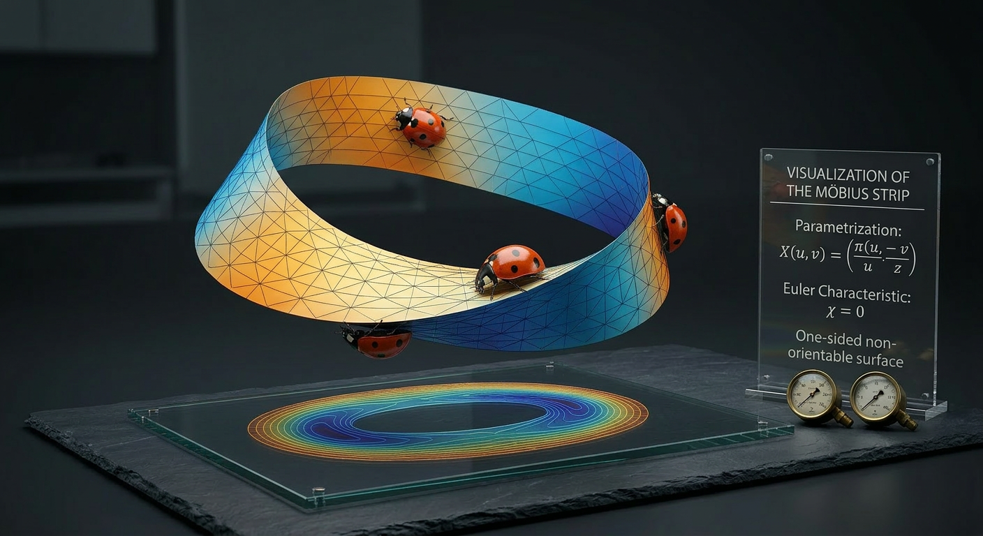 Möbius strip mathematical visualization 3D Möbius strip model with mathematical notation and ladybugs on surface