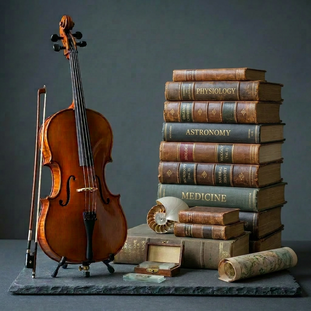Classic art and science instruments display Violin with bow next to an antique brass telescope on a tripod, a seashell, and a rolled map on a dark surface